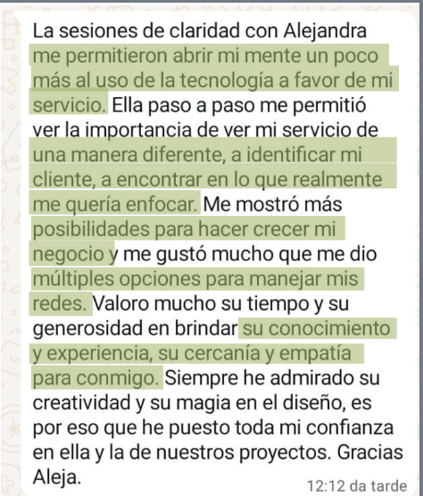 Testimonio: Las sesiones de claridad con Alejandra me permitieron abrir mi mente al uso de la tecnología a favor de mi servicio.